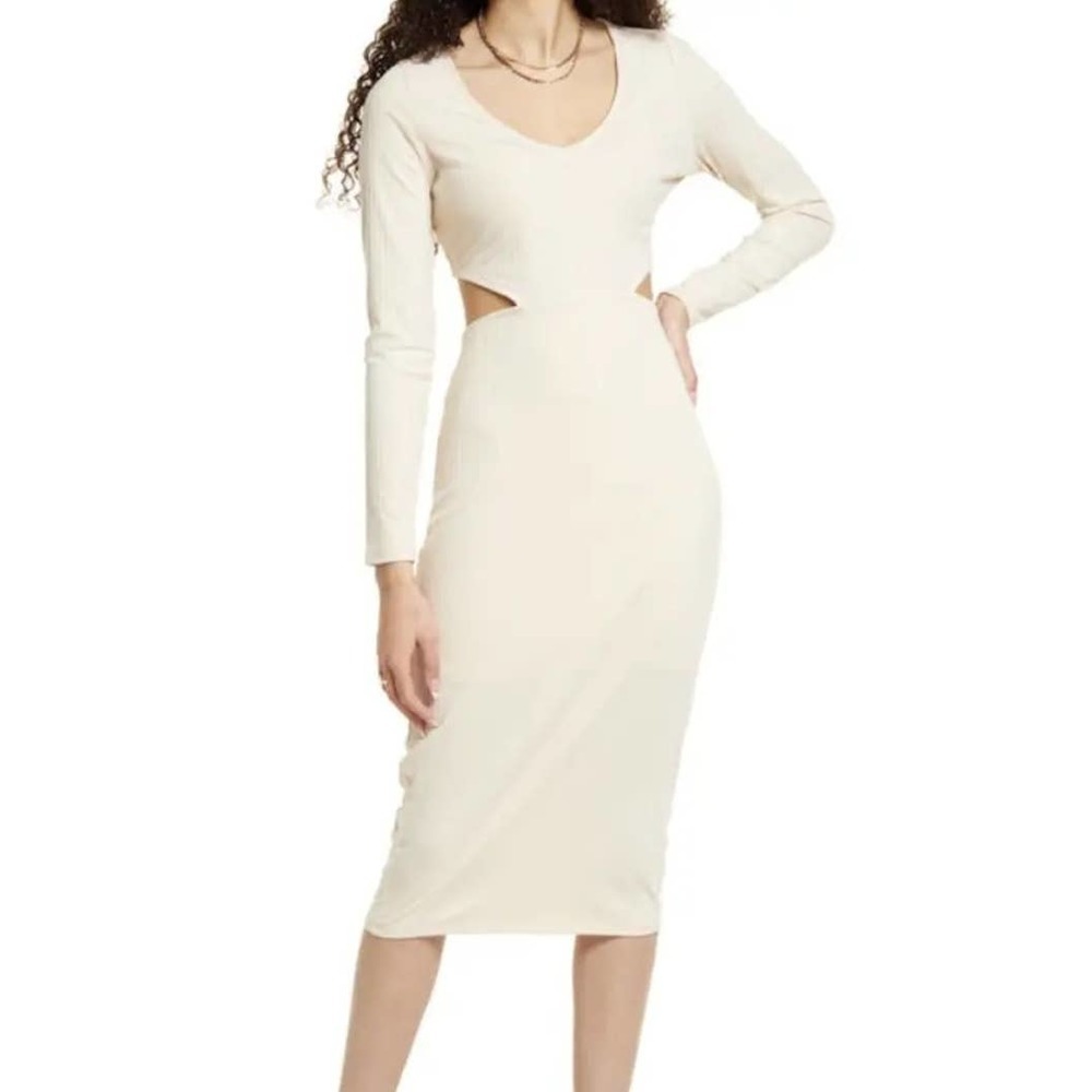 NEW BP‎ Ribbed Knit Cutout Midi Dress L Pink Whisper Ivory NWT